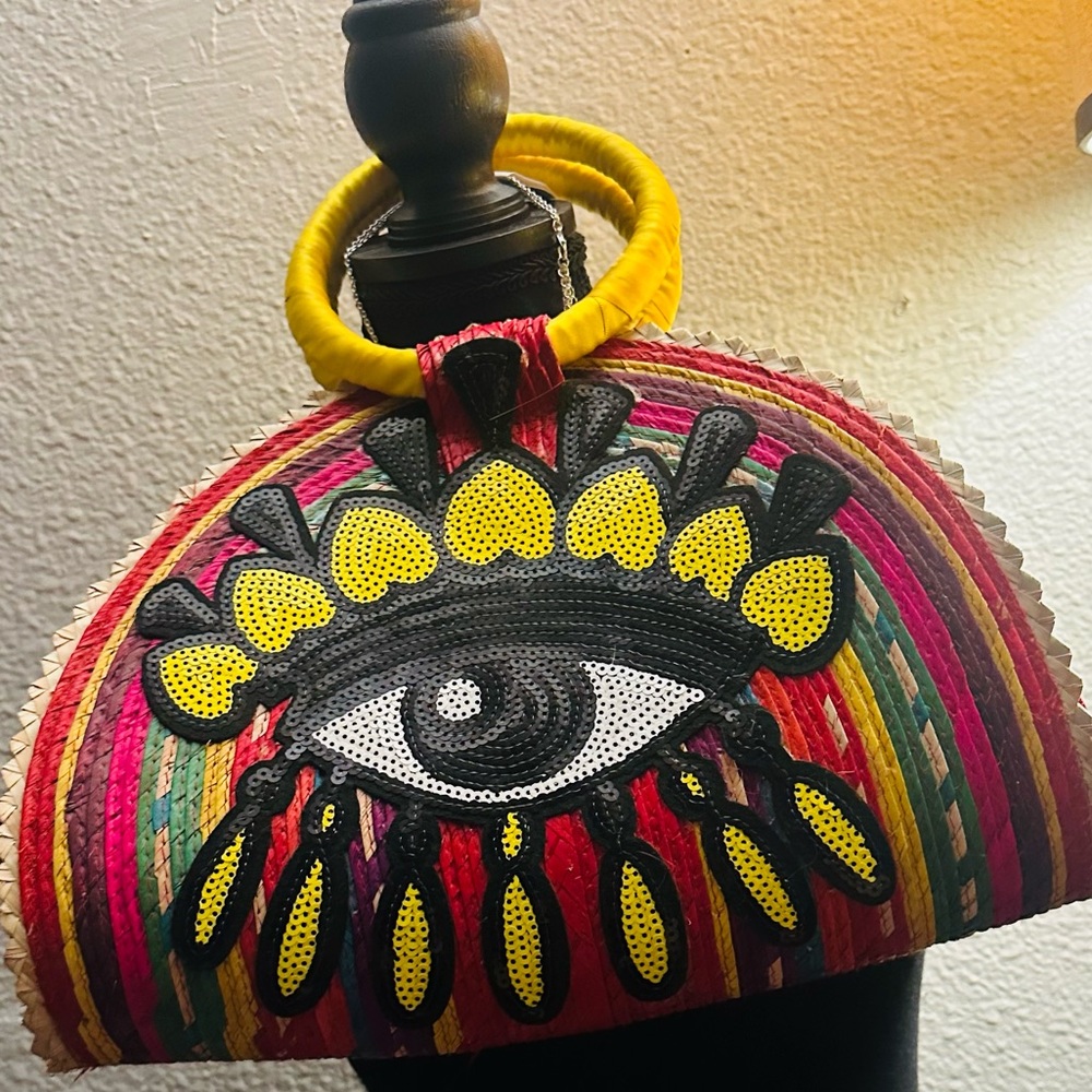 Handmade bags, palm material with sequin patches.